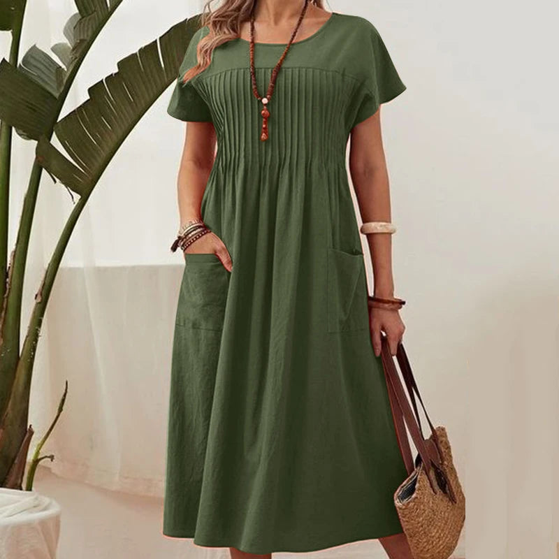 ZANZEA Fashion Summer Women Party Holiday Sundress Elegant O Neck Short Sleeve Solid Mid-calf Dress Casual Vestido Robe Femme