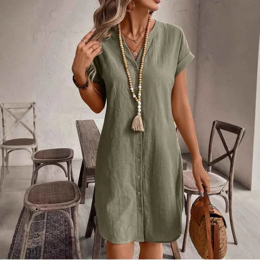 Women Casual Blouse Dress Simple V Neck Button Linen Dress Pockets Loose Large Size Shirt Dress Plus Size Womens Dresses