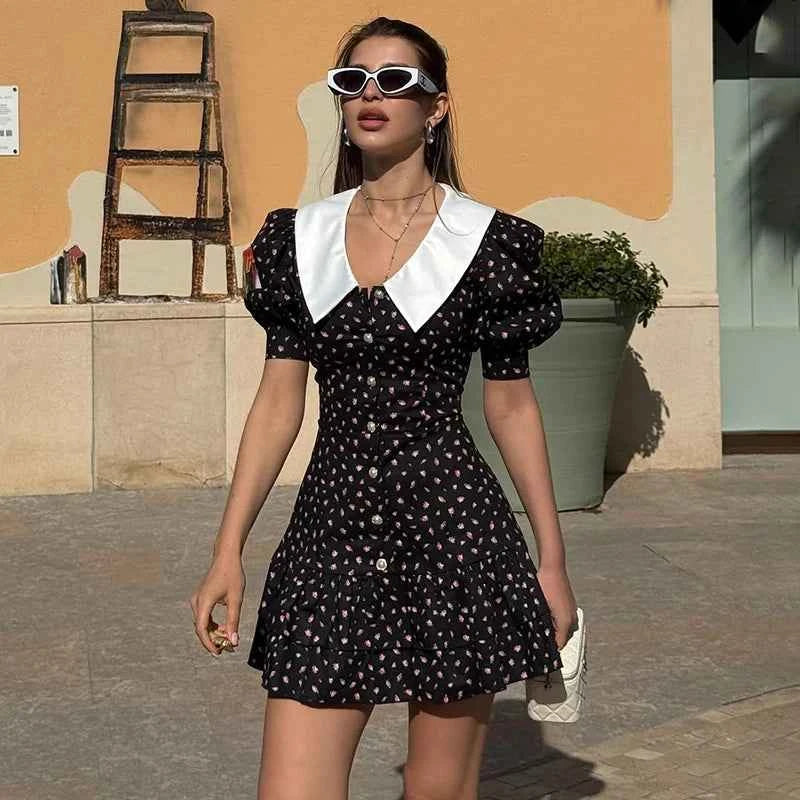 Women's Puff Sleeve Mini Dress V Neck Short Sleeve Pearl Button Detail High Waist Elegant Evening Party Dress
