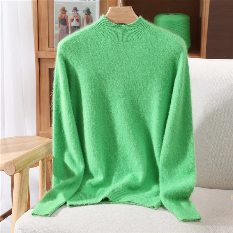 Autumn Winter New Mink Cashmere Sweater Women's Half-Height Color Matching Knitted Pullover Casual Padded Wool Bottoming Coat