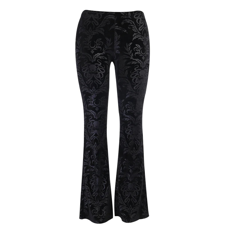 Y2K Gothic Black Velvet Lace Mesh Flare Pants Sexy Harajuku Aesthetic See Through Emo Pants Vintage Women Summer Pant Streetwear