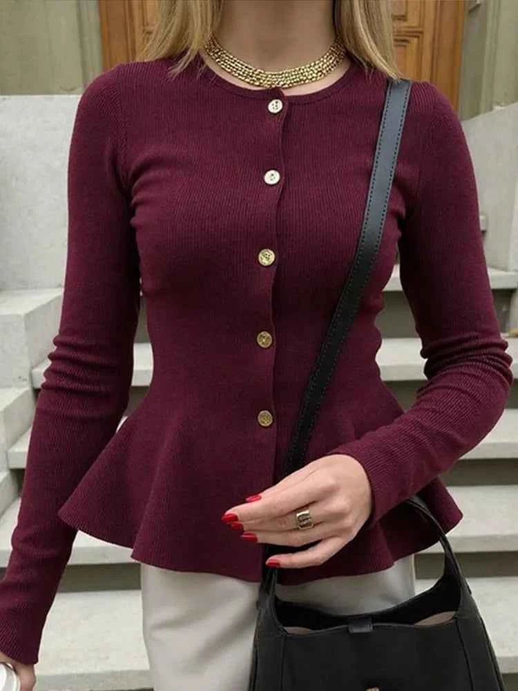 Women Elegant Solid Round Neck Pullover Lady Chic Full Sleeve Single Breasted Slim Knitted Sweater Women Commute Street Sweaters