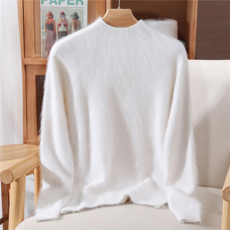 Autumn Winter New Mink Cashmere Sweater Women's Half-Height Color Matching Knitted Pullover Casual Padded Wool Bottoming Coat