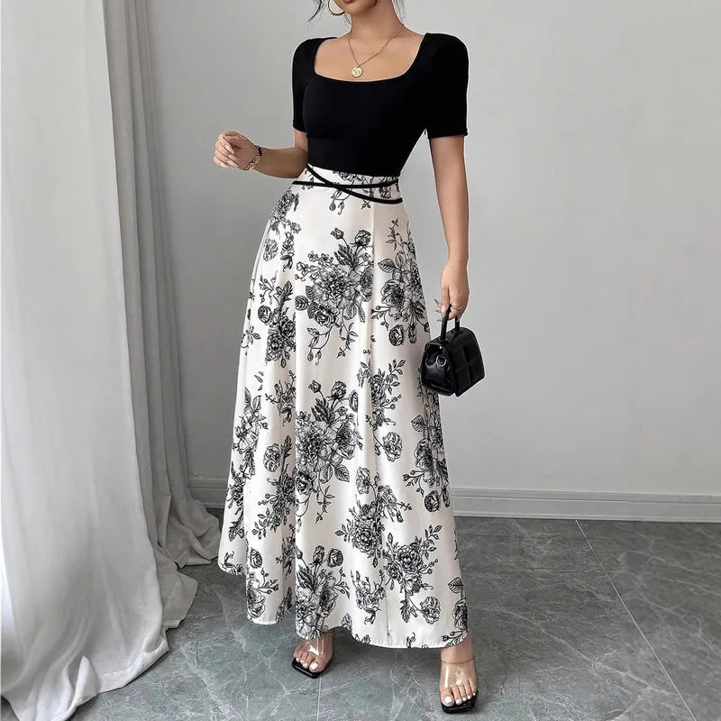 Womens Dresses Casual And Elegant Temperament Floral Print Short Sleeved Long Dress