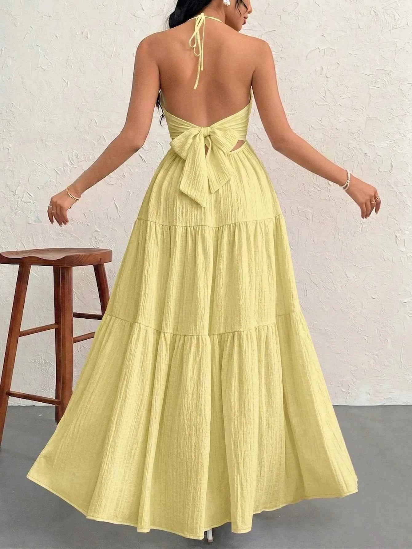 Women's Casual Dresses Halter Backless Yellow Tiered Flowy Boho Dress Spring Summer Beach Vacation Breathable Dress