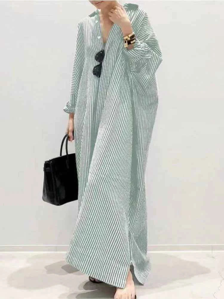 Casual Striped Loose Dresses For Women Fashion Long Sleeve Turn-down Collar Button Shirt Dress Lady Spring Autumn Clothes New