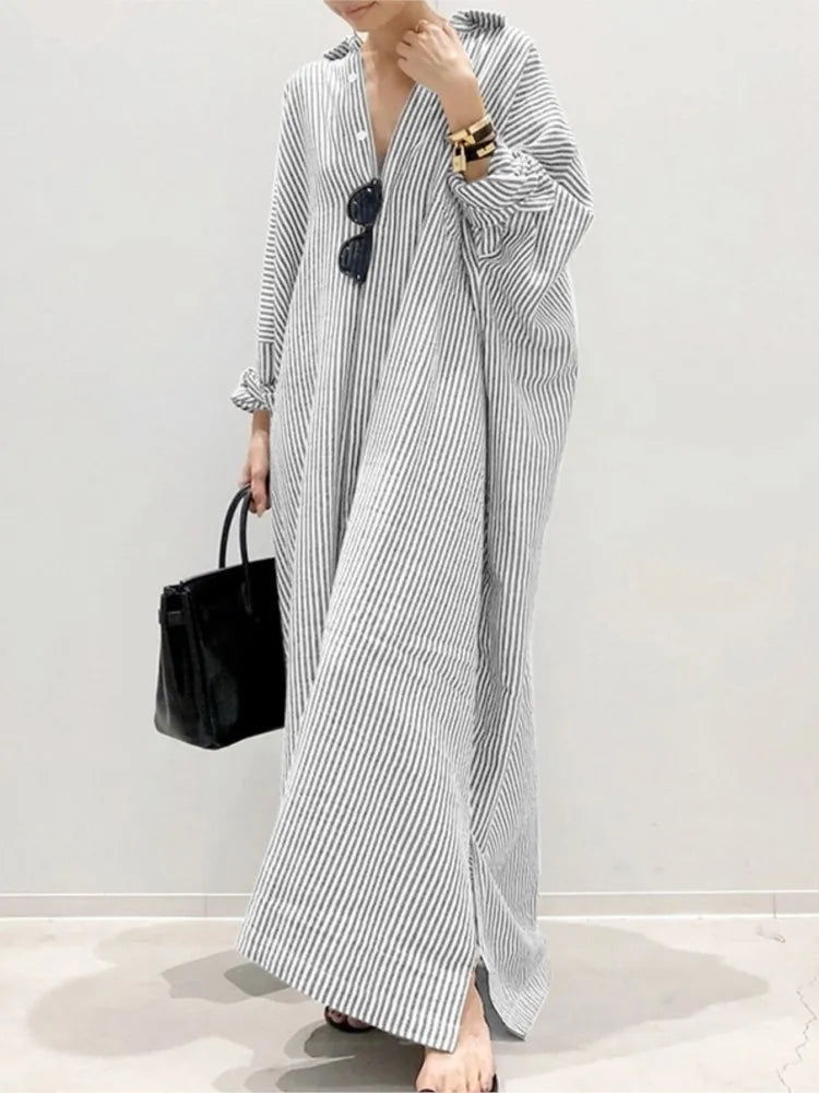 Casual Striped Loose Dresses For Women Fashion Long Sleeve Turn-down Collar Button Shirt Dress Lady Spring Autumn Clothes New