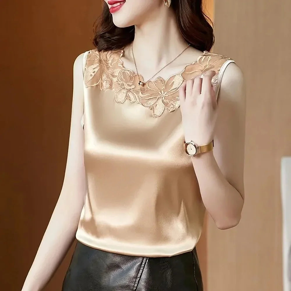 new woman clothing vest camis Tank top women's suit bottom lace lining 2024 summer new silk satin sleeveless top suspender vests