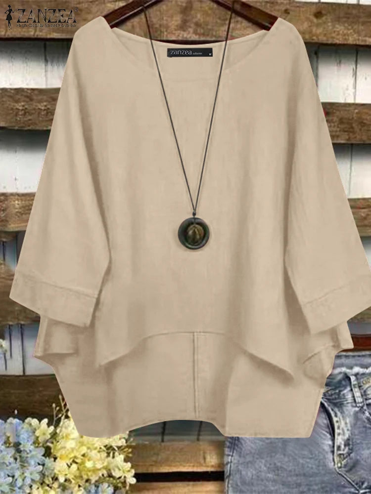 ZANZEA Woman Loose Asymmetrical Hem Blouses 2025 Autumn 3/4 Sleeve O-Neck High-Low Cotton Blusas Mujer Everyday Casual Tops