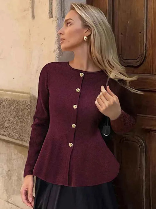 Women Elegant Solid Round Neck Pullover Lady Chic Full Sleeve Single Breasted Slim Knitted Sweater Women Commute Street Sweaters