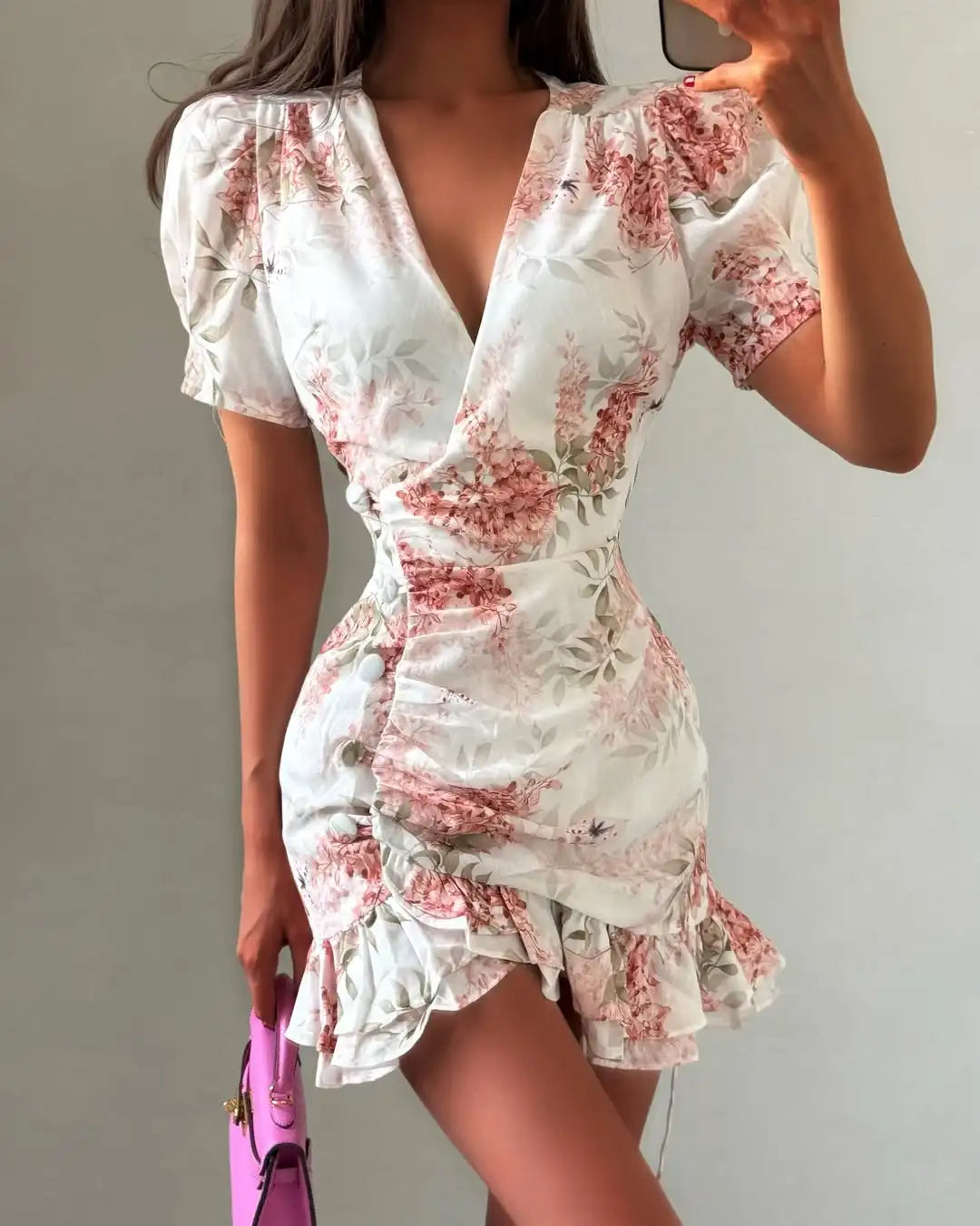 Floral Print V-neck Cinched Waist Dress Women Chic Layered Ruffle Hem Short Sleeved High-waist Dresses 2026 New Street Vestidos