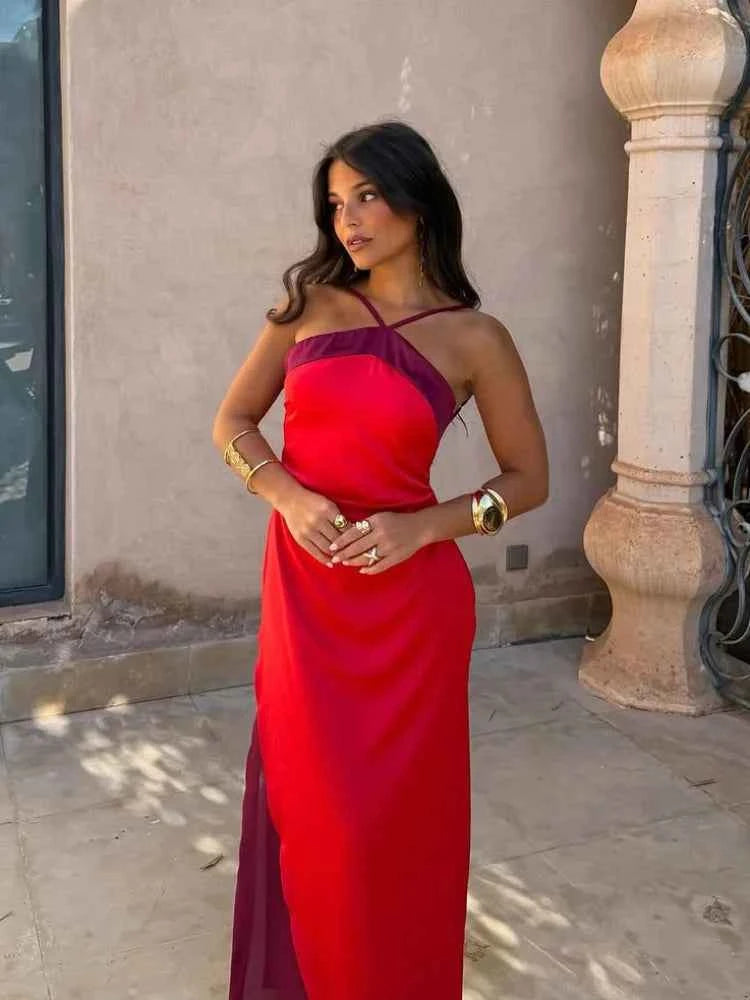  Women Sexy Color Blocking Halter Maxi Dresses Elegant Backless Off shoulder Sleeveless Slim Gowns 2026 New Lady Party Vestidos